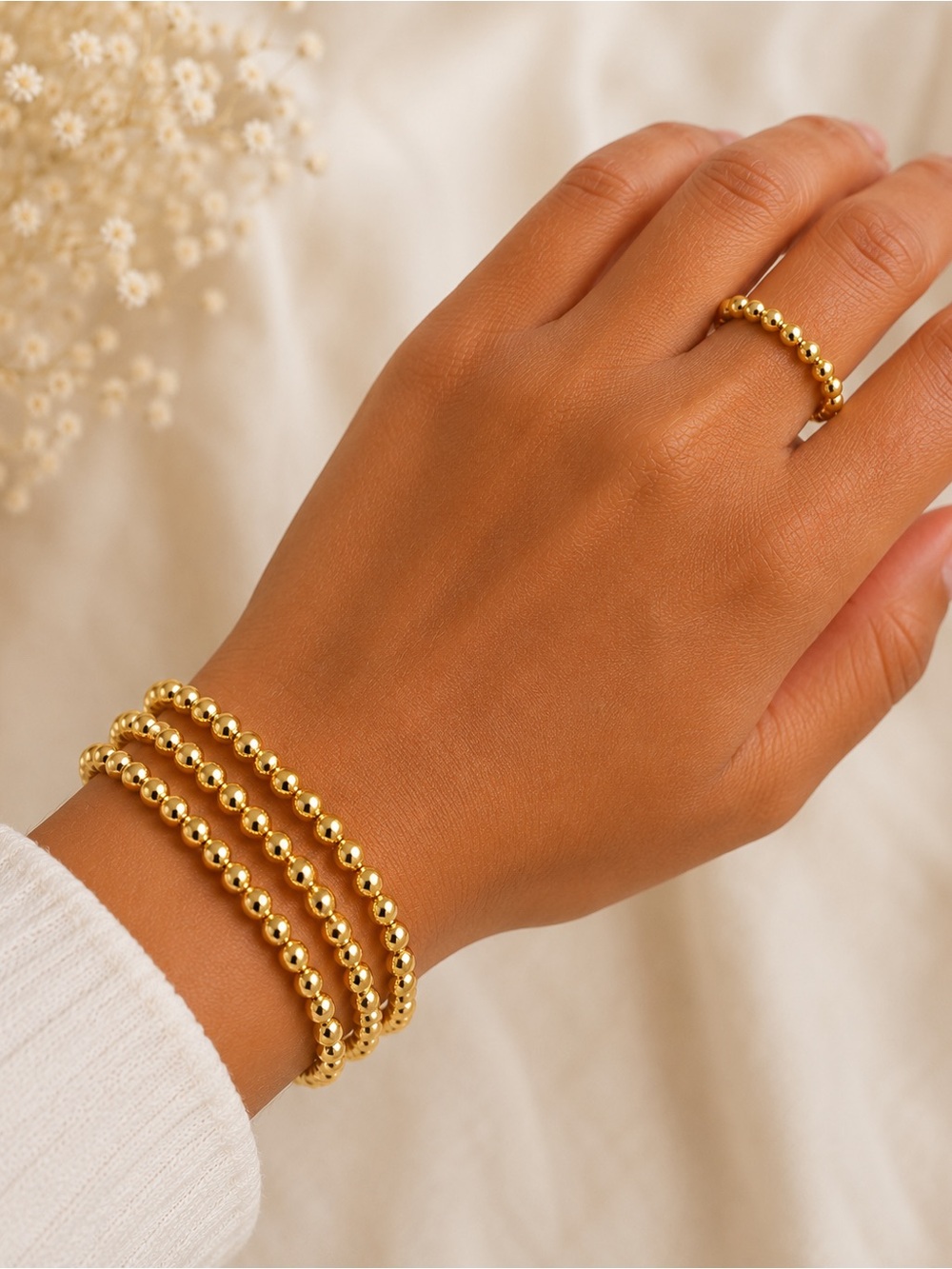 Gold Beaded Stretch Bracelet & Ring Set - Women's Jewelry handmade